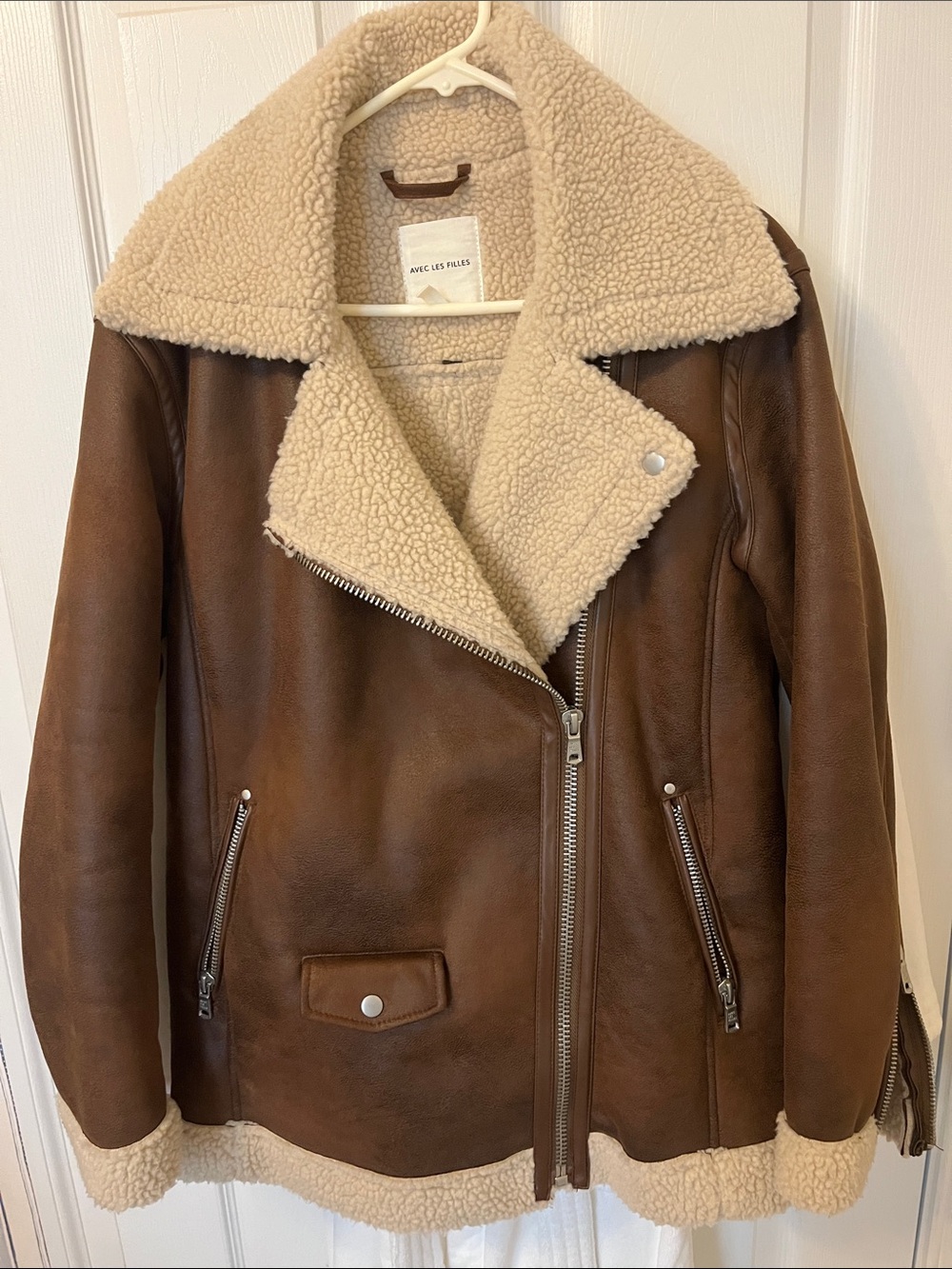 Avec Les Filles Brown Leather Shearling Moto Jacket with Cream Lining